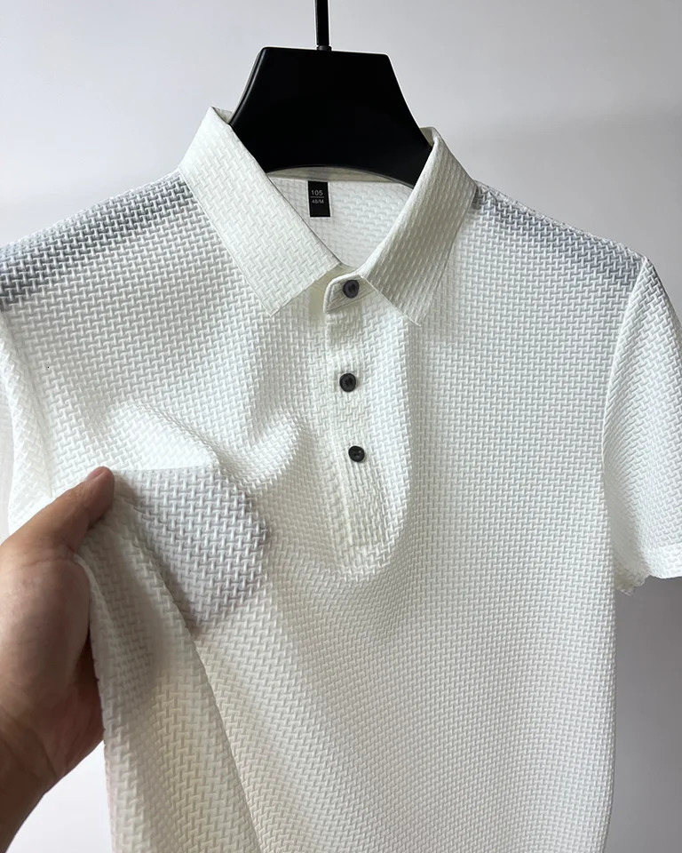 Mens breathable monochrome stretch ice silk Polo shirt mens button lapel casual high quality Tshirt Summer fashion trend 240601