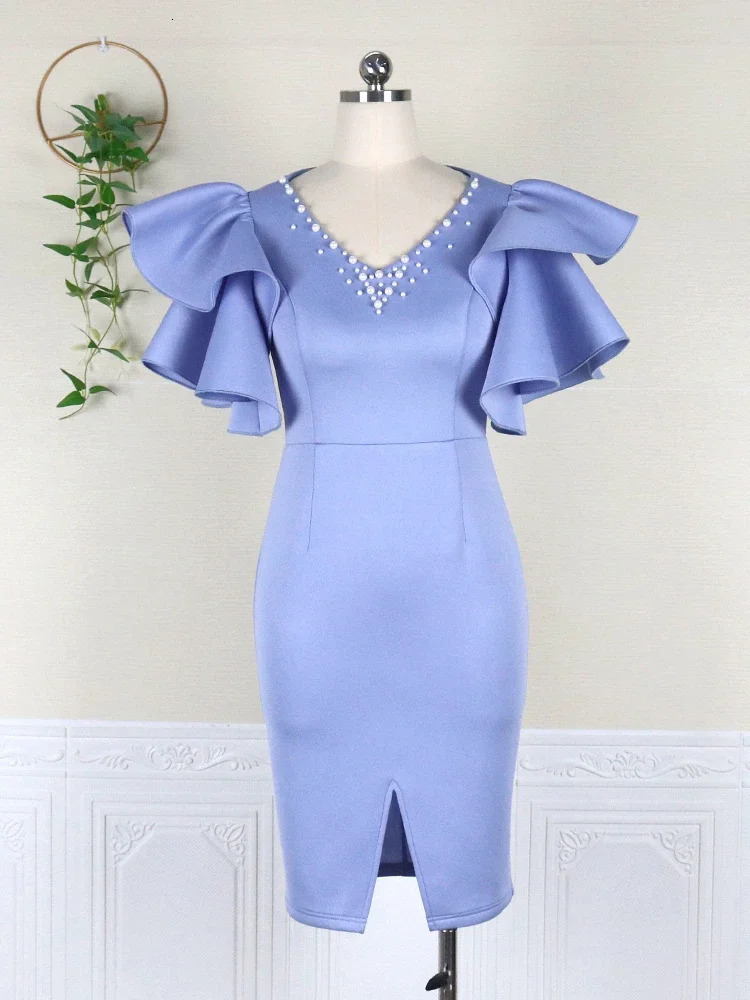 Elegant Women Plus Size Party Dress Beaded V Neck Ruffle Sleeve Bodycon Dress Burgundy Classy Evening Dinner Birthday Outfits 240530