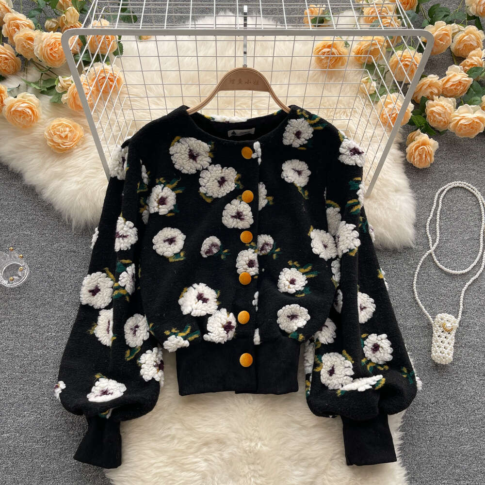 Autumn and winter 2022 new French three-dimensional flower temperament slim single breasted cardigan short coat women in fashion