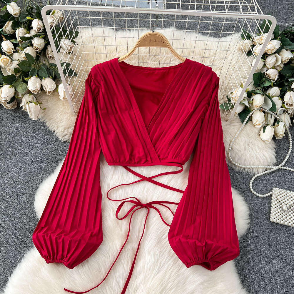 Womens 2024 New Spring Heavy Industry Pleated Bubble Sleeve Top+Wide Leg Pants Two Piece Set