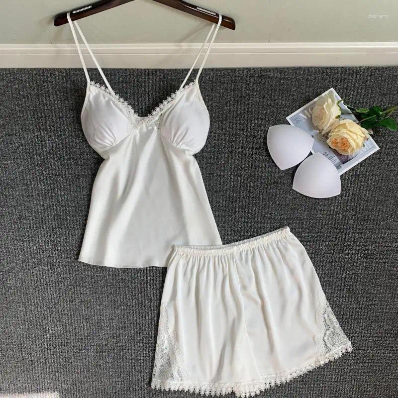 Home Clothing Lace Patchwork 2PCS Sleepwear Satin Strap Top&Shorts Sexy V-neck Sleep Set Elastic Waist Pamas Casual Clothes