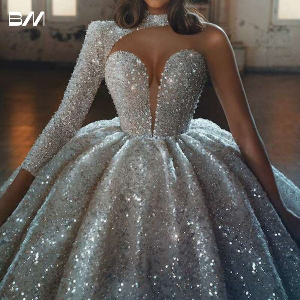 Beads Wedding Dress High One Shoulder Ball Bride Dresses Deep V Neck Bridal Gown Robe De Mariee