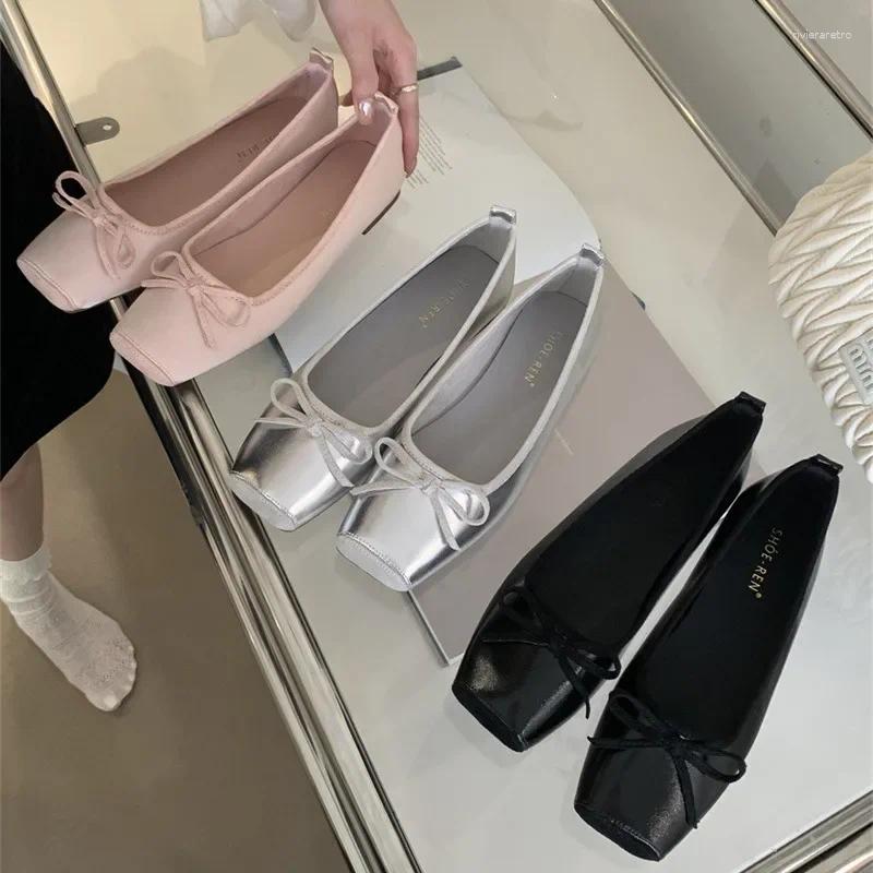 Casual Shoes 2024 Summer Flat Ballet Flats Elegant Comfortable Bow Square Toe Single Ladies