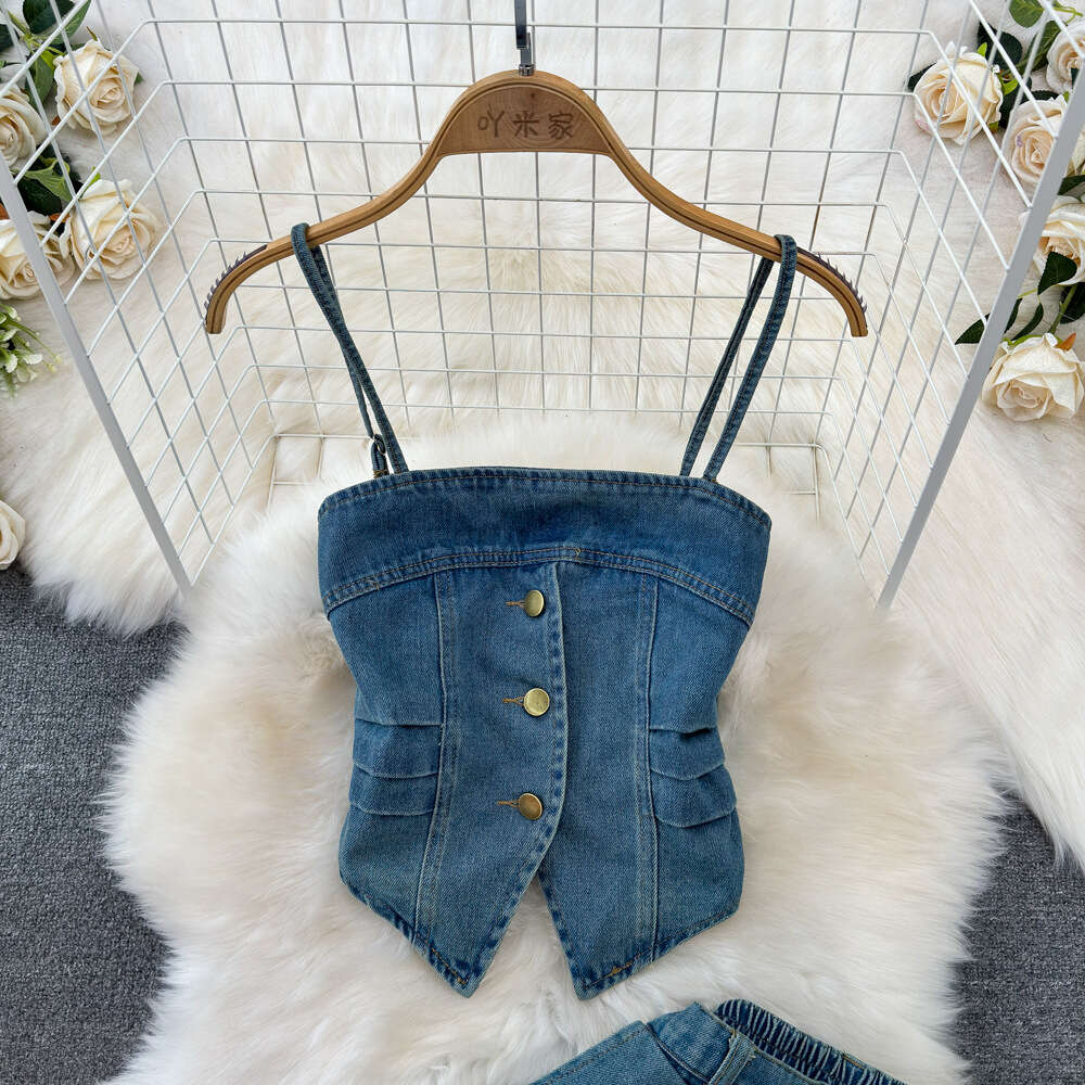 Fashionable set for women with a design feel strapless denim suspender vest two-piece set high waist medium length buttocks wrapped skirt summer skirt