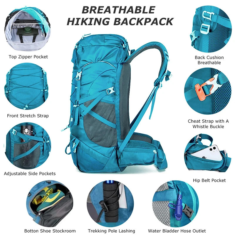 WESTTUNE 50L Hiking Backpack with Rain Cover Multifunctional Mountaineering Bag Outdoor Rucksack for Travel Trekking Camping 240601