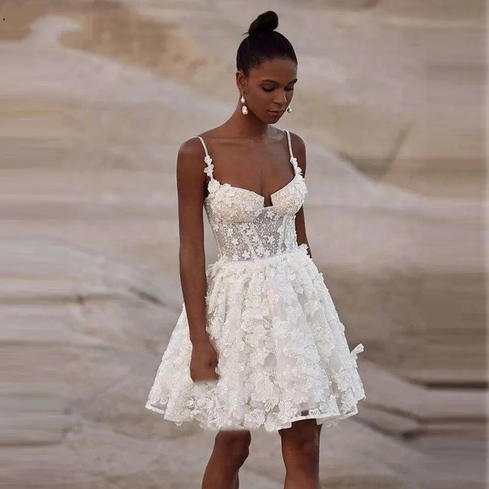 Floral Lace Short A-Line Wedding Dresses Sexy Spaghetti Straps Back Corset Boho Beach Bridal Gowns 2024 Summer Garden Mini Ivory White Robe De Mariee