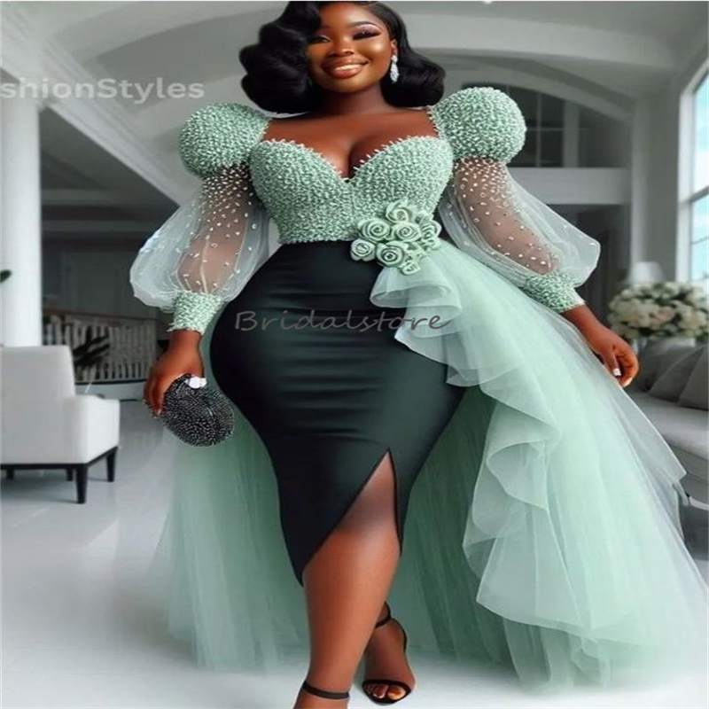 Stunning Sage Green Prom Dresses With Overskirt Train Luxury Beaded Long Sleeve Midi Black Girls Aso Ebi Evening Dress With Handmade Florals Slit Cock