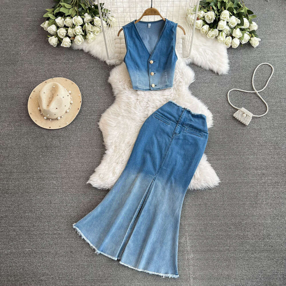 Summer New Fake Two Piece Sexy Top Womens Bag Hip Fish Tail Denim Skirt Pure Desire Spicy Girl Advanced Set