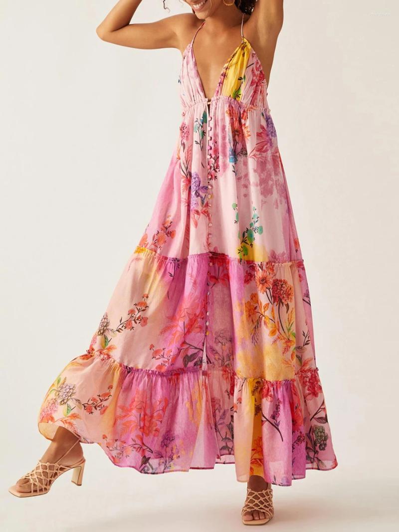 Casual Dresses Women Y2k Floral Print Spaghetti Strap Maxi Dress V Neck Sleeveless Long Boho Flowy Swing