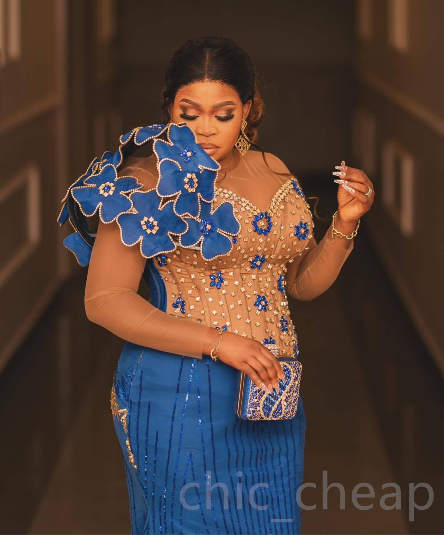 2024 Aso Ebi Plus Size Blue Mermaid Prom Dress Crystals Florals Sexy Evening Formal Party Second Reception 50th Birthday Engagement Thanksgiving Gowns