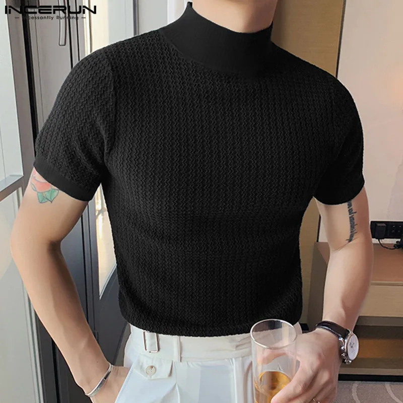 Casual Simple Style Tops INCERUN Men Knitting Pit Strip Camiseta Stylish Solid Half High Collar Short Sleeve T-shirts S-5XL 240530