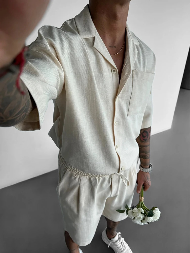Hip Hop Mens Two Piece Sets Summer Casual Pure Color Short Sleeve Pocket Shirts And Shorts Men Outfits Fashion Loose Suits Male 240530