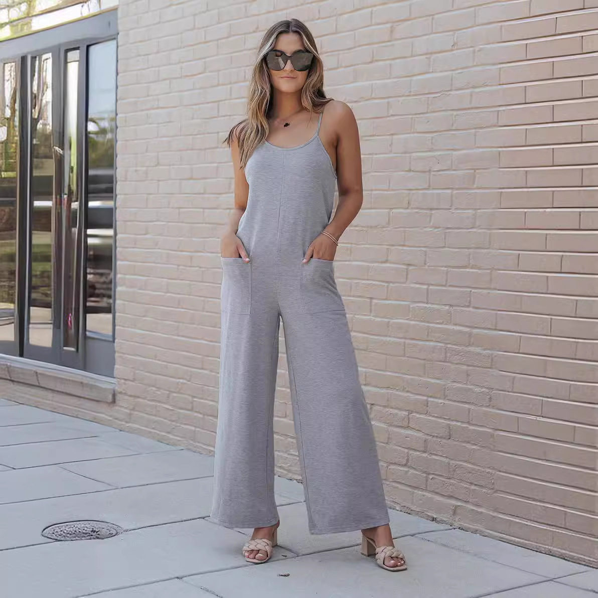 Womens Jumpsuit Dress European Style Sleeveless Wide-Leg Jumpsuits Casual OnePiece with Pockets AST64120985