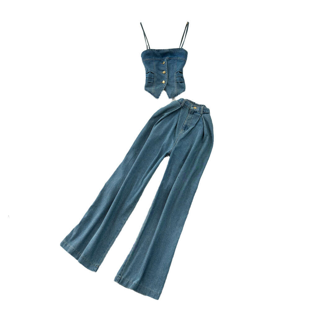 Fashionable set for women with a design feel strapless denim suspender vest two-piece set high waist medium length buttocks wrapped skirt summer skirt