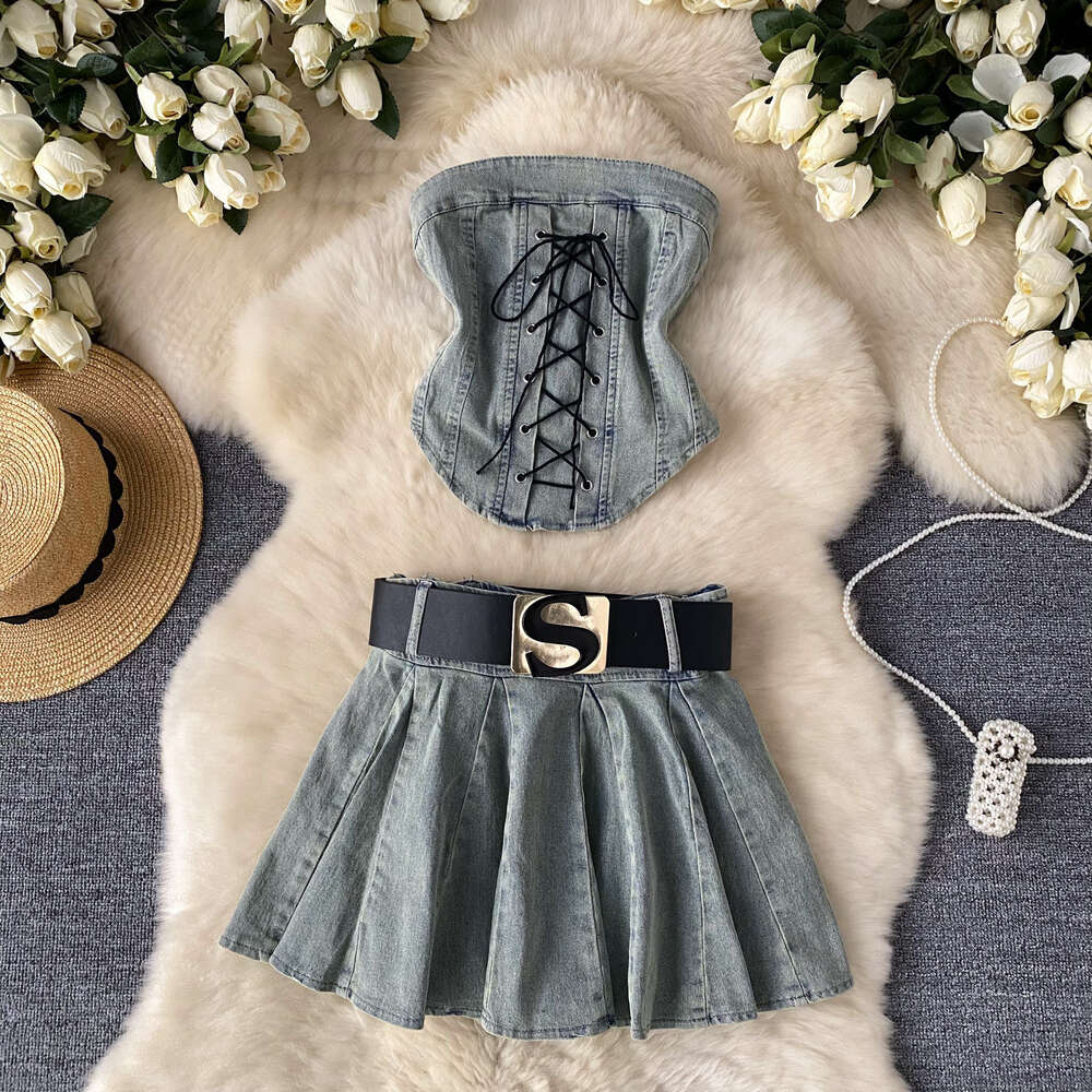 Hot and Spicy Design with Tie Up Waist Irregular Bra Vest Two Piece Set for Women with Belt Cowboy Short Skirt