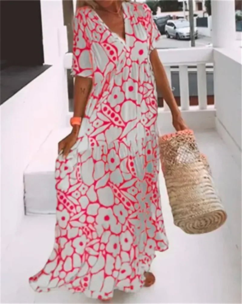 Womens Bohemian Style Dresses Summer Deep V Neck Short Sleeve Dressy Ladies Comfortable Casual Large Hem Gown Trend Streetwear 240529