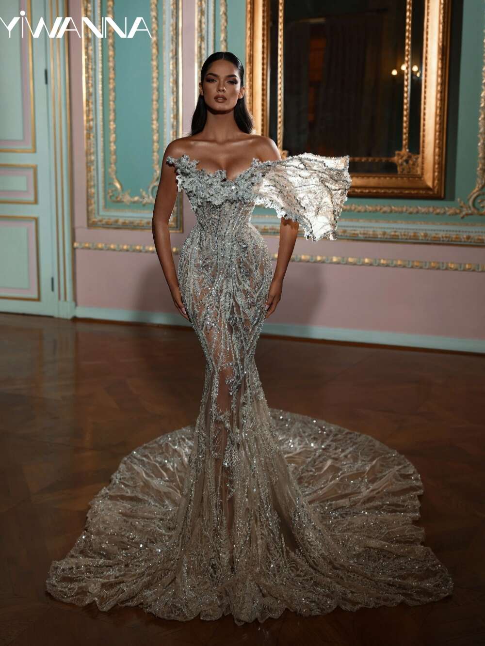 Sexy Illusion One Shoulder Bridal Dress Sparkly Beads Crystal Wedding Gown Mermaid Long Bride Robe Vestido De Novia