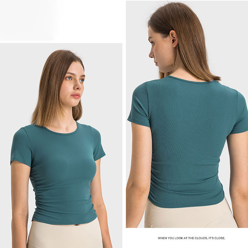 374- T-Shirt A Coste SPR Top Yoga Ritagliati Camicie Girocollo Con Vita Pieghet…
