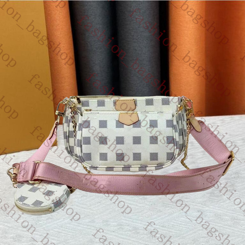 Pink strap White crossbody bags designer bag 3pcs set women shoulder bag luxury plaid cross body bag Multi Pochette Gold chain Messenger Tote bag Coin Purse with Box