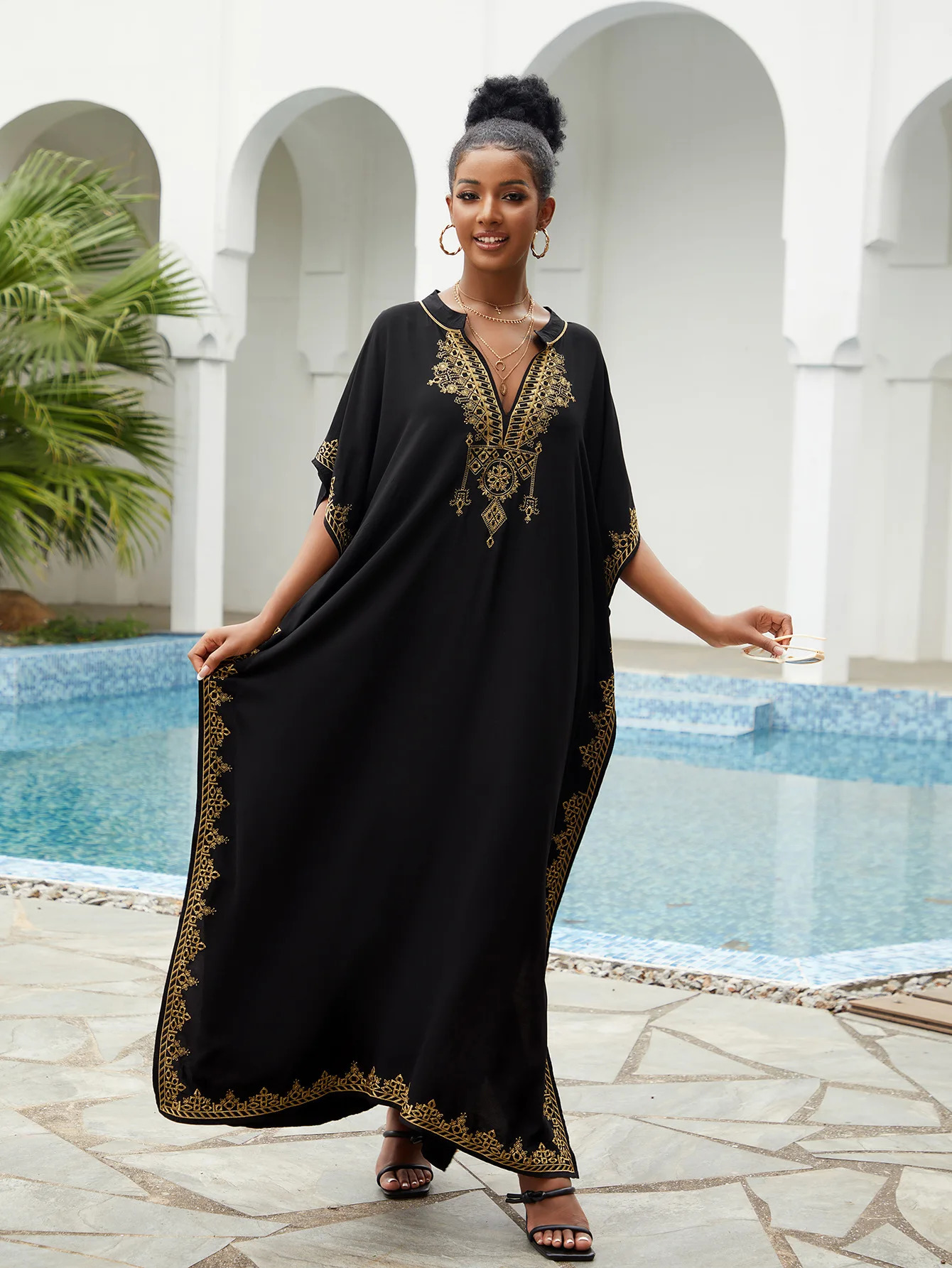Boho Embroidery Sexy V Neck Long Dress For Women Summer Autumn Loose Oversize Kaftan Beachwear Maxi Dresses Q1545 240529