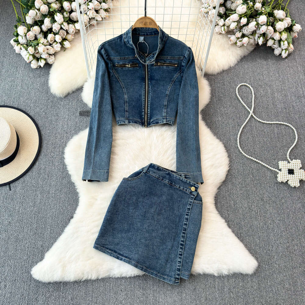 Fashion set for women American street stand up collar denim jacket jacket two-piece high waisted slimming wrap buttocks short skirt
