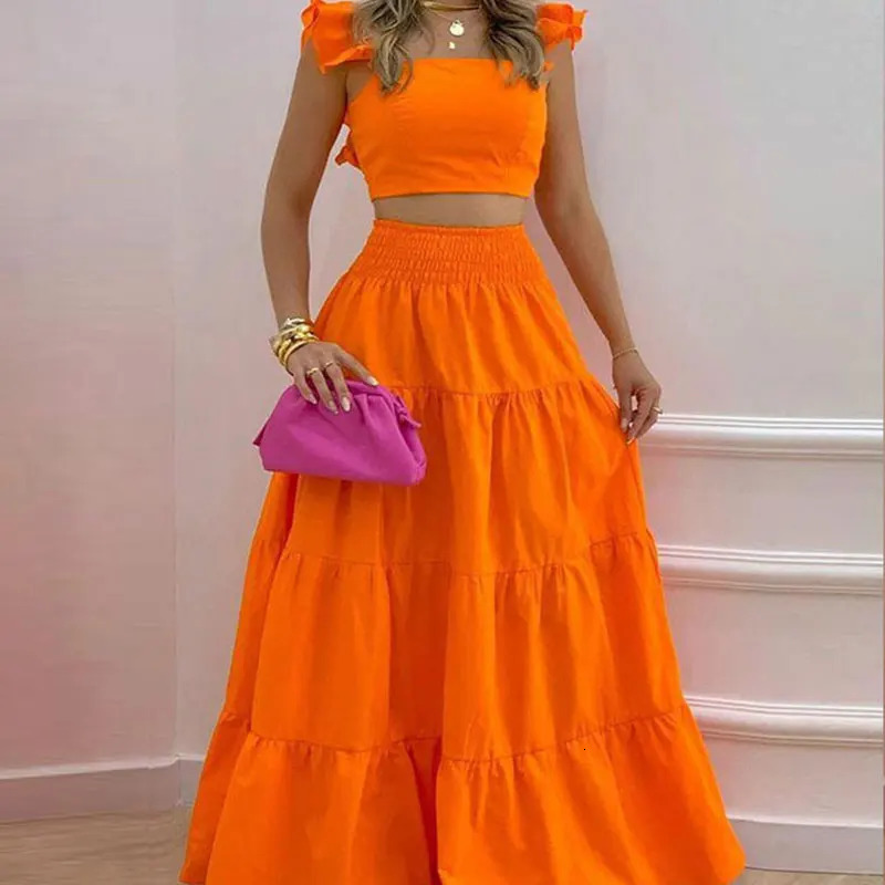 Sexy WomenS Solid Color Mid Rise Suspender Large Swing Skirt Two Piece Fashion Elegant And Pretty Women Dresses Summer Set Dres 240601