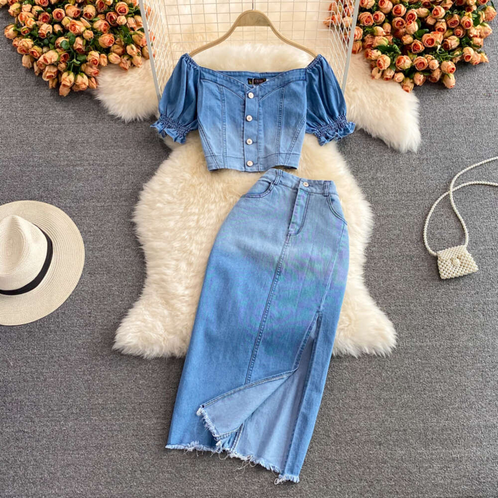 Xia Jians color changing high waist A-line mid long side split denim skirt womens two-piece suit square neck jacket
