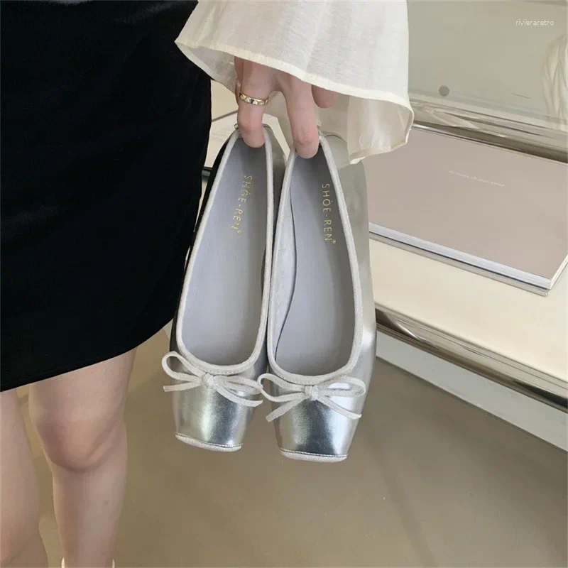Casual Shoes 2024 Summer Flat Ballet Flats Elegant Comfortable Bow Square Toe Single Ladies