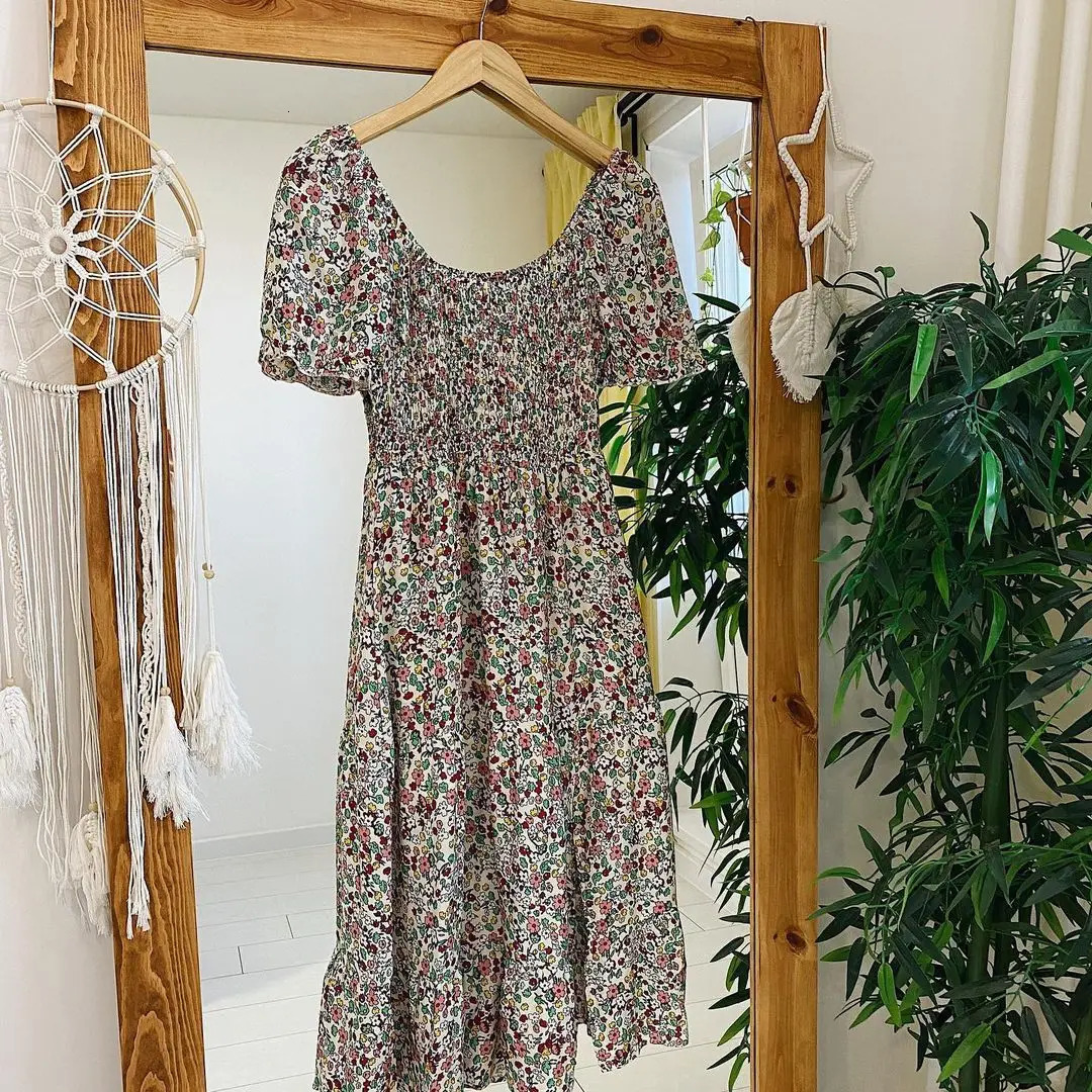 Ladies Sexy Vintage Floral Print Boho Summer Dress Women Casual Elastic Bohemian Beach Dress Women Sundress Robe Vestidos Female 240529