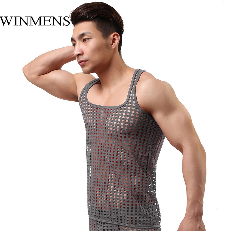 Mens Tank Top Gay Wrestling Singlet Summer See Through Sleeveless Vest Fishnet Hollowed Out Undershirts Sheer TShirt 240601