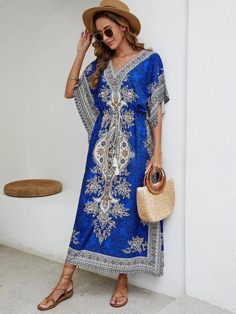 Bohemian V-neck Short Sleeve Beach Smock Dress Women Summer Loose Casual Sunscreen Print Boho Long Dresses For Women 240529