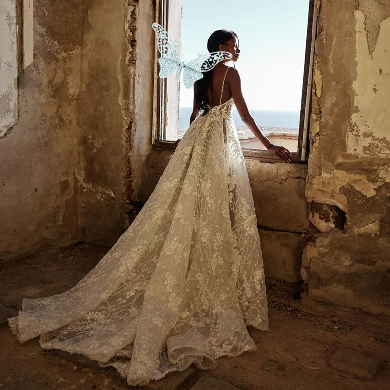 Sexy Backless Floral Wedding Dresses Simple High Side Split Saudi Arabic Sleeveless Applique Bridal Gowns Custom Made Vestios De Novia