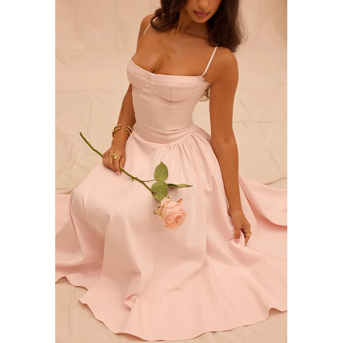 Mingmingxi Summer Elegant Dress Pink Italian Strap Midi Dress Pocket Long Party Dress Holiday Womens Wear 240516