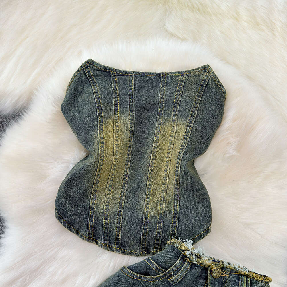 Fashion set womens American denim strapless vest two-piece set with high waist slimming and slightly drooping denim pants