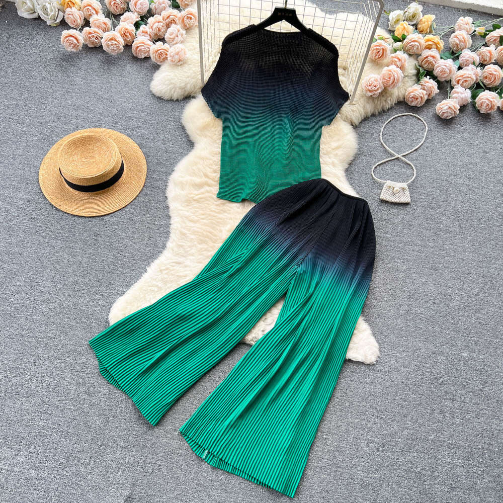 Wind high-end fashion set for womens summer gradient loose shirt top+pleated drape wide leg pants