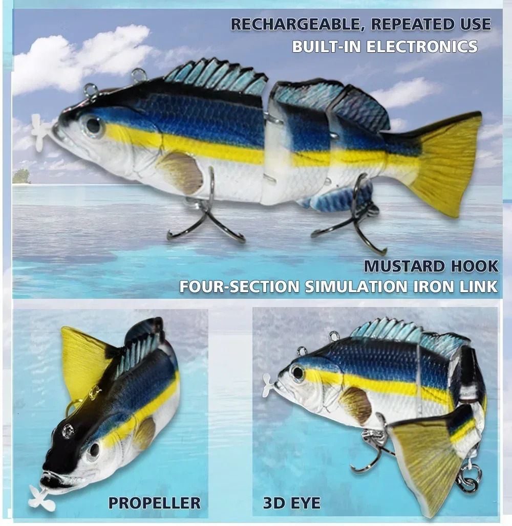 13CM Robotic Fishing Lure Electric Auto Swimming Bait 4-Segment Wobbler Outdoor Sport Swimbait USB Rechargeable Accessories 240603