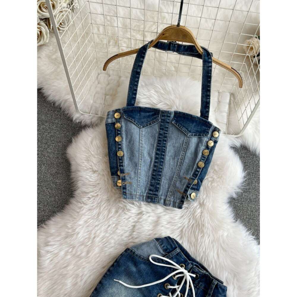 Fashionable set of color blocking spicy girl breasted top two-piece set of high waisted elastic drawstring wrapped buttocks denim skirt