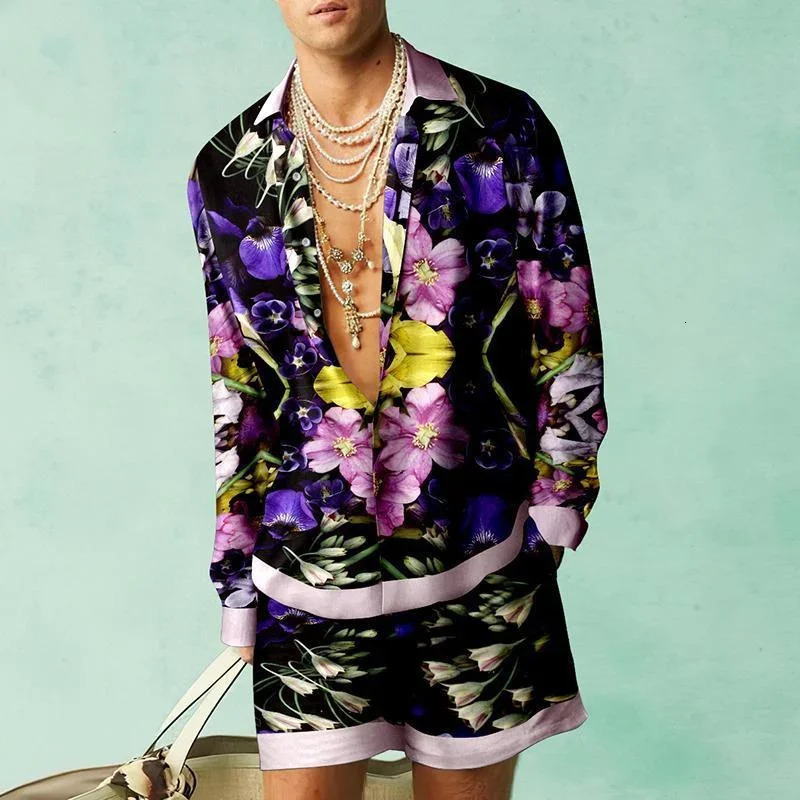 Casual Hawaiian Beach Set Men Outdoor 3D Koi carp print Abstract Long Sleeve Shirt 2Pcs Set of Breathable Loose Beach Shorts Set 240530