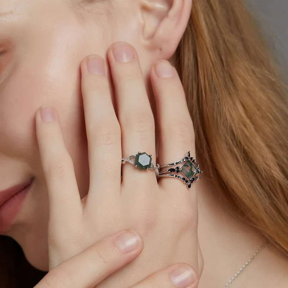 ALLNOEL 925 Sterling Silver Rings For Women Natural Moss Agate Gemstones Black Zircon Bridal Sets Personality Gifts Jewelry 240601