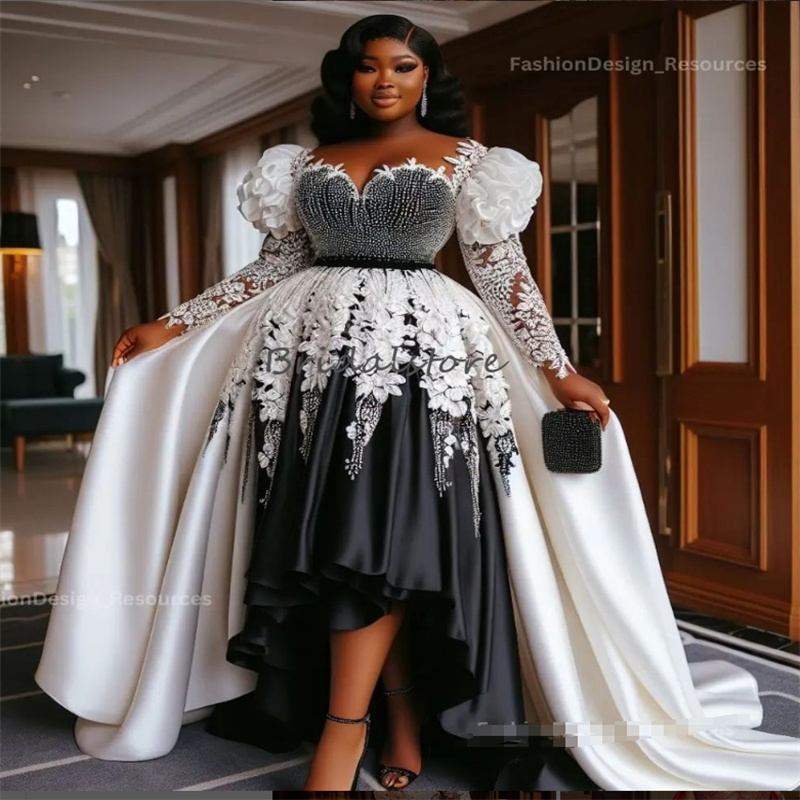 Charming Black White Gothic Wedding Dresses For Black Women Long Sleeve Crystal Beaded Country Bridal Gowns 2024 Appliques Lace Medieval Fantasy Vesti