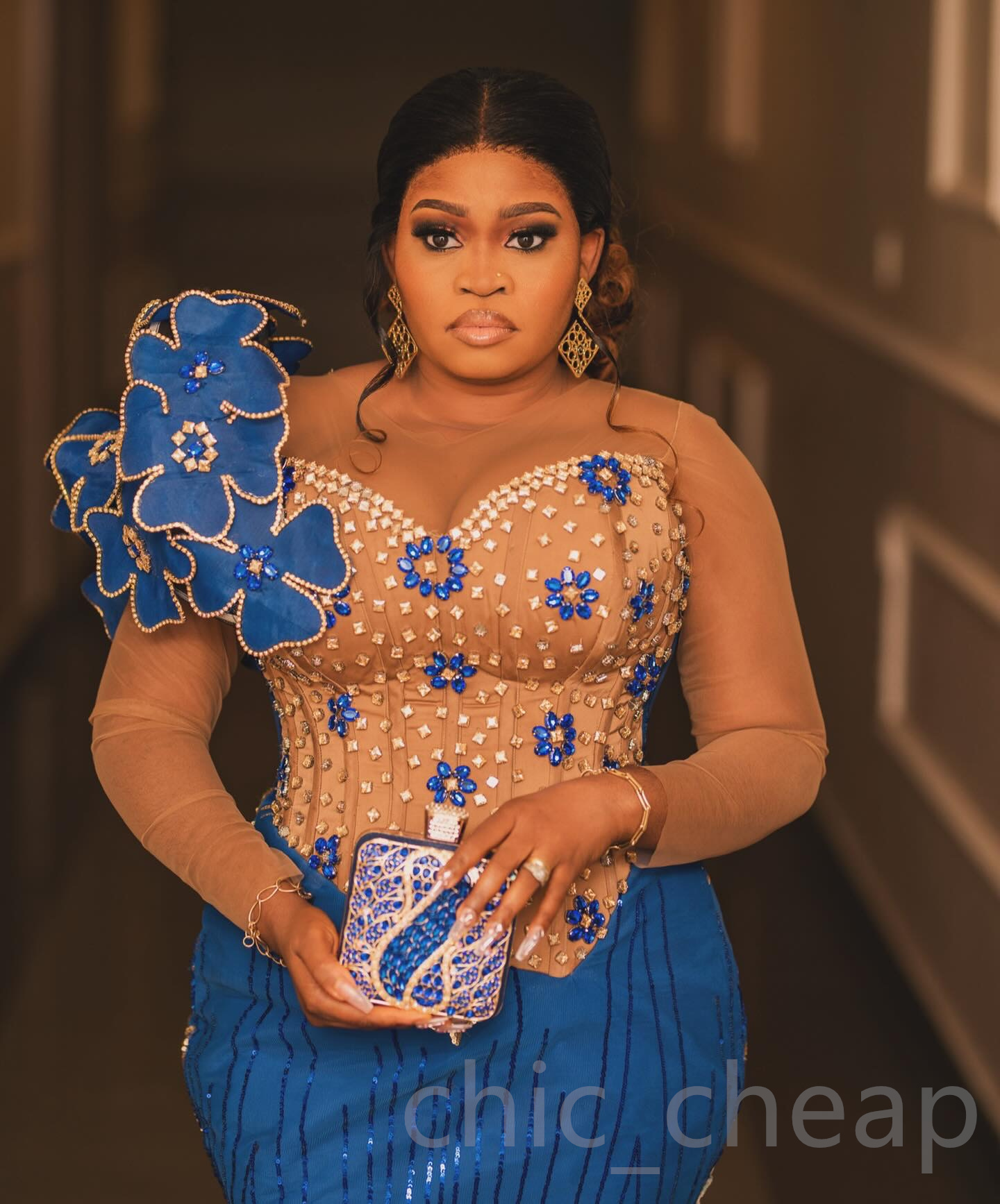 2024 Aso Ebi Plus Size Blue Mermaid Prom Dress Crystals Florals Sexy Evening Formal Party Second Reception 50th Birthday Engagement Thanksgiving Gowns