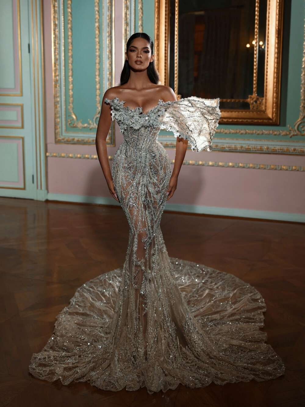 Sexy Illusion One Shoulder Bridal Dress Sparkly Beads Crystal Wedding Gown Mermaid Long Bride Robe Vestido De Novia