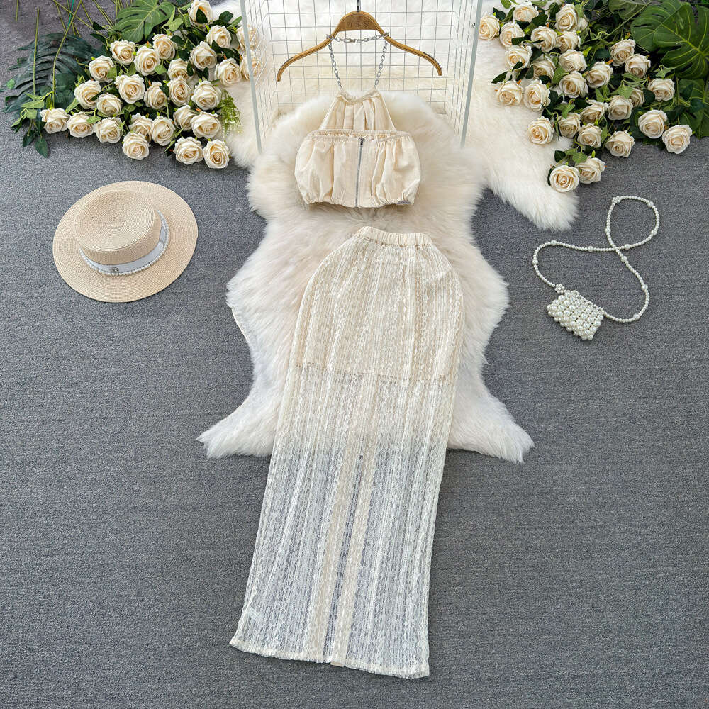 Xian Spicy Girl Sexy and Purely Desired to Travel to the Beach Vacation Hanging Neck Top Wrapped Hip Front Split Half Skirt Two Piece Set for Women