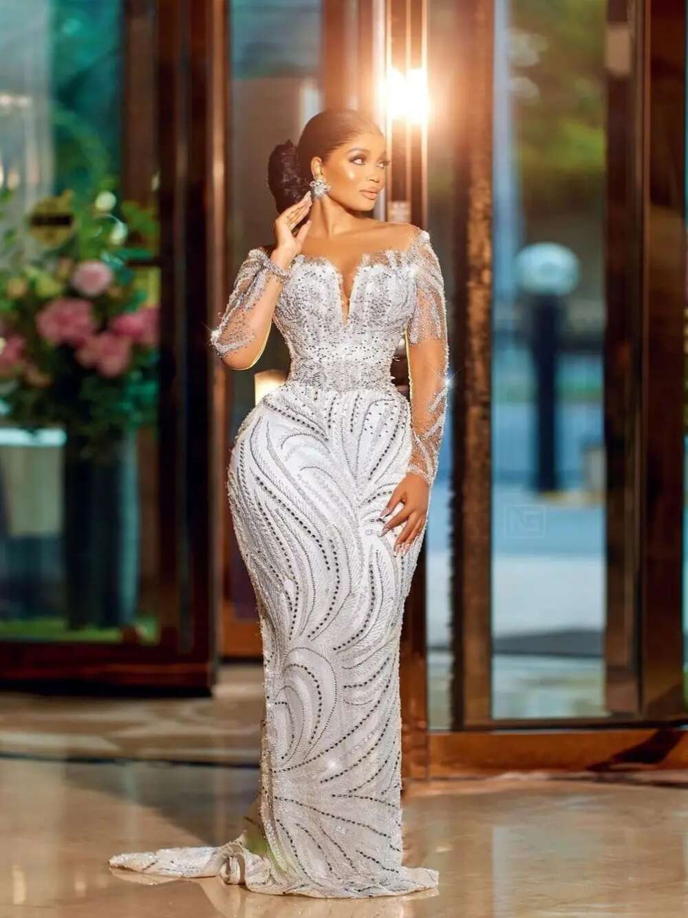 Modest Long Sleeve Bridal Dress Sparkly Sequins Rhinestones Wedding Gown 3D Flower Mermaid Bride Robe Vestido De Novia