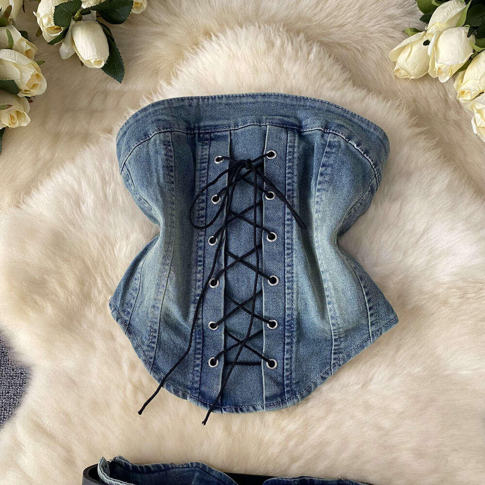 Hot and Spicy Design with Tie Up Waist Irregular Bra Vest Two Piece Set for Women with Belt Cowboy Short Skirt