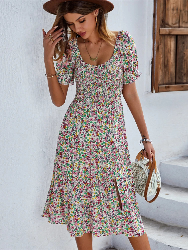 Ladies Sexy Vintage Floral Print Boho Summer Dress Women Casual Elastic Bohemian Beach Dress Women Sundress Robe Vestidos Female 240529