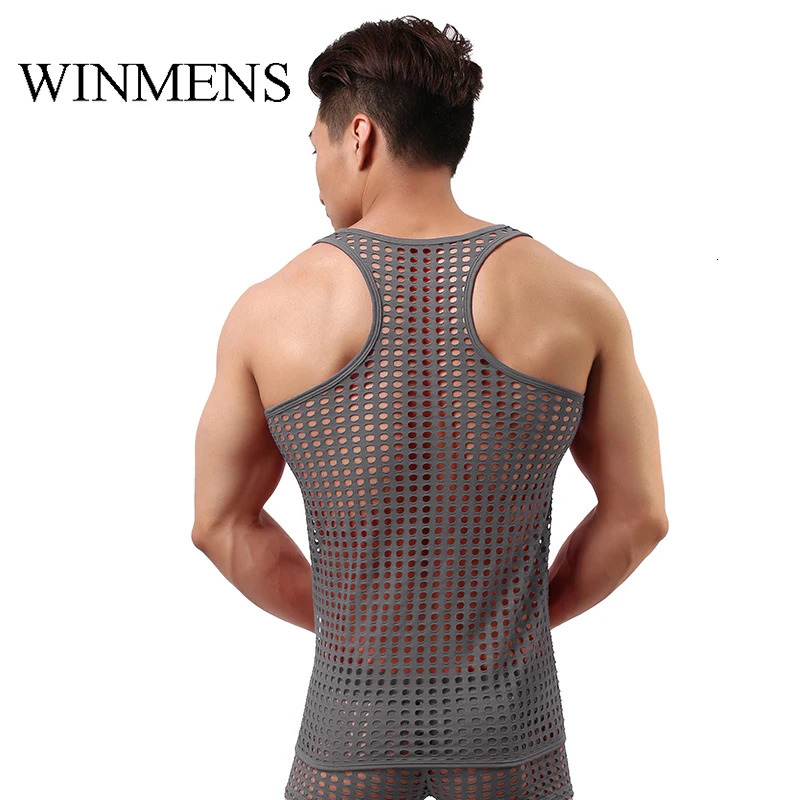 Mens Tank Top Gay Wrestling Singlet Summer See Through Sleeveless Vest Fishnet Hollowed Out Undershirts Sheer TShirt 240601