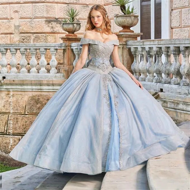 Sky Blue Mexican Quinceanera Dresses Ball Gown Off The Shoulder Sequins Crystals Puffy Charro Sweet 16 Dresses 15 Anos