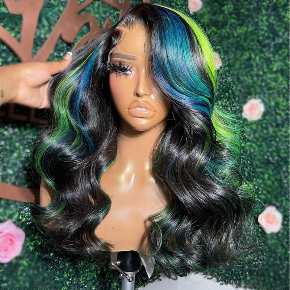Blue Green Highlight black 13x4 Glueless Body Wave Colored Human Hair Wigs Pre Plucked HD Synthetic Lace Frontal Wigs For Black Women Uufag