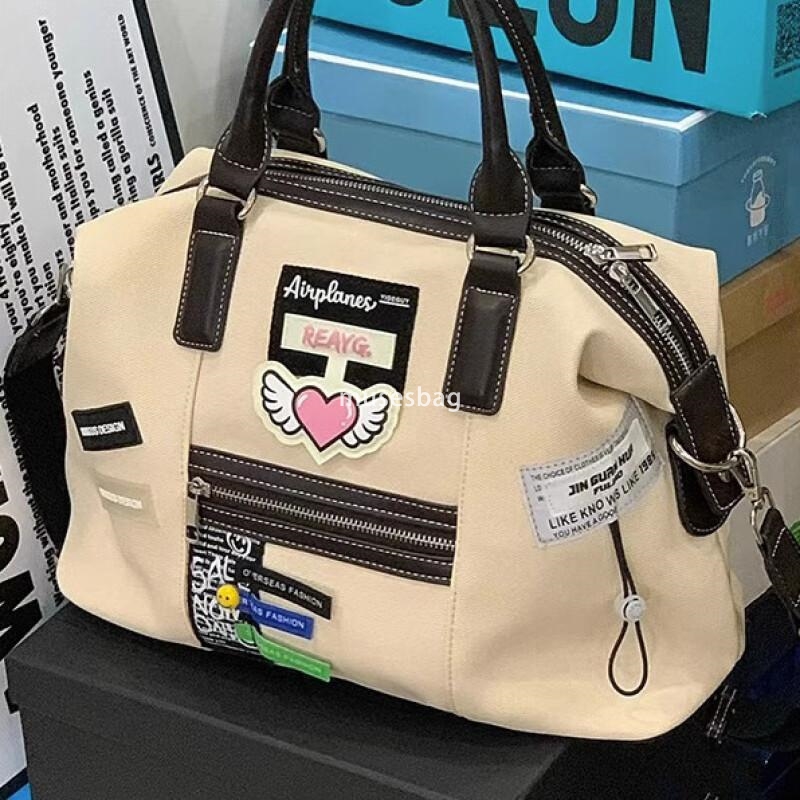 Women's and men's large capacity zippered PU canvas handbag, adjustable shoulder strap, travel shopping bag, student retro casual large capa